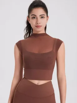 Sporty Top Round Neck Cap Sleeves Outdoor Women's Activewear In Solid Color