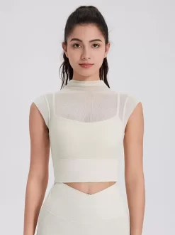 Sporty Top Round Neck Cap Sleeves Outdoor Women's Activewear In Solid Color