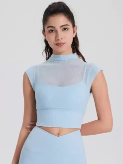 Sporty Top Round Neck Cap Sleeves Outdoor Women's Activewear In Solid Color