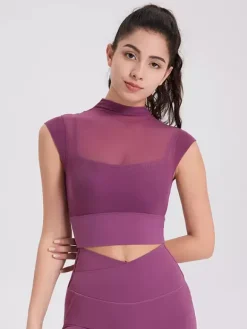 Sporty Top Round Neck Cap Sleeves Outdoor Women's Activewear In Solid Color