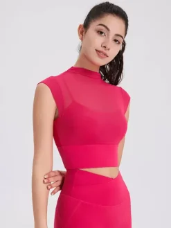 Sporty Top Round Neck Cap Sleeves Outdoor Women's Activewear In Solid Color