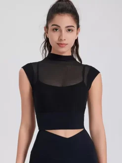 Sporty Top Round Neck Cap Sleeves Outdoor Women's Activewear In Solid Color