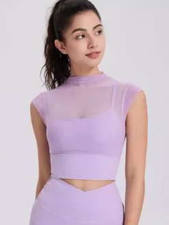 Sporty Top Round Neck Cap Sleeves Outdoor Women's Activewear In Solid Color