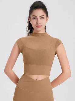 Sporty Top Round Neck Cap Sleeves Outdoor Women's Activewear In Solid Color