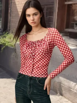 Square Neck Gingham Check Long Sleeve Ruched Slim Fitted Crop Top Blouse
