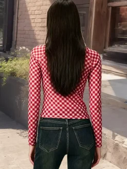 Square Neck Gingham Check Long Sleeve Ruched Slim Fitted Crop Top Blouse