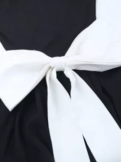 Square Neck Women Bubble Mini Dress With Big Bow - Black Long Sleeve Elegant Contrast - Audrey Style Spring Party Wear 2026