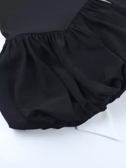 Square Neck Women Bubble Mini Dress With Big Bow - Black Long Sleeve Elegant Contrast - Audrey Style Spring Party Wear 2026