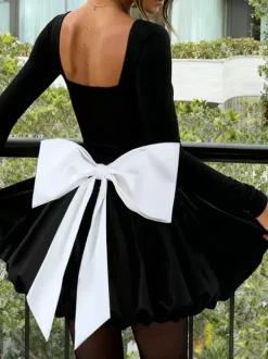 Square Neck Women Bubble Mini Dress With Big Bow - Black Long Sleeve Elegant Contrast - Audrey Style Spring Party Wear 2026