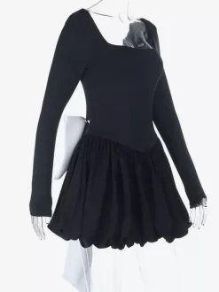 Square Neck Women Bubble Mini Dress With Big Bow - Black Long Sleeve Elegant Contrast - Audrey Style Spring Party Wear 2026