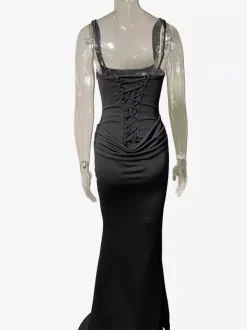 Square Neck Bodycon Lace Up Back Ruched Mermaid Maxi Party Dress For Women 2026