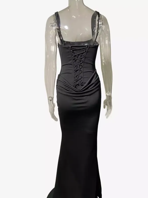 Square Neck Bodycon Lace Up Back Ruched Mermaid Maxi Party Dress For Women 2026