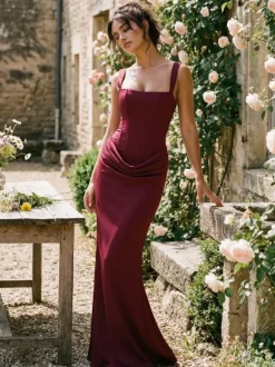 Square Neck Bodycon Lace Up Back Ruched Mermaid Maxi Party Dress For Women 2026