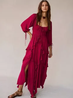 Square Neck Boho Maxi Dress for Women - Three Quarter Sleeve Tiered Ruffle Hem Smocked Flowy Long Dress - Summer Beach 2026