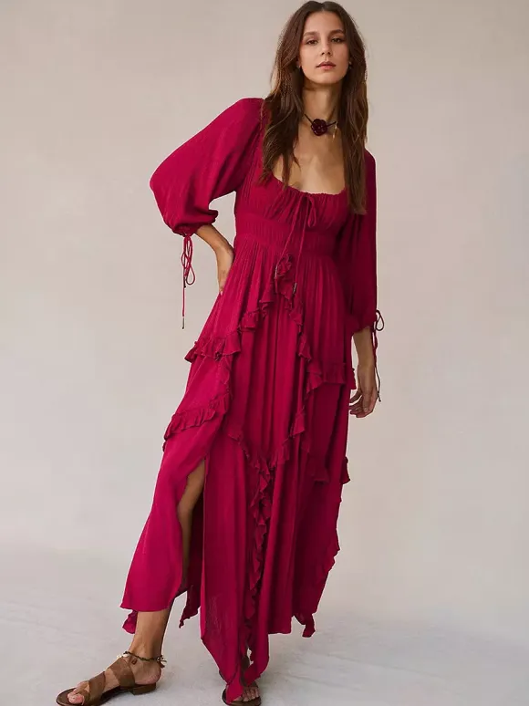 Square Neck Boho Maxi Dress for Women - Three Quarter Sleeve Tiered Ruffle Hem Smocked Flowy Long Dress - Summer Beach 2026