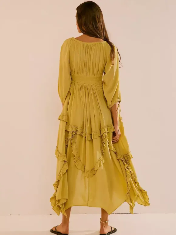 Square Neck Boho Maxi Dress for Women - Three Quarter Sleeve Tiered Ruffle Hem Smocked Flowy Long Dress - Summer Beach 2026