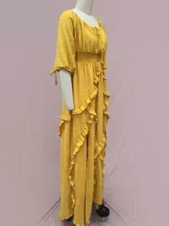 Square Neck Boho Maxi Dress for Women - Three Quarter Sleeve Tiered Ruffle Hem Smocked Flowy Long Dress - Summer Beach 2026