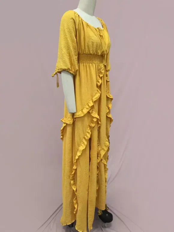 Square Neck Boho Maxi Dress for Women - Three Quarter Sleeve Tiered Ruffle Hem Smocked Flowy Long Dress - Summer Beach 2026