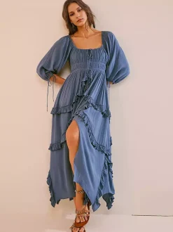 Square Neck Boho Maxi Dress for Women - Three Quarter Sleeve Tiered Ruffle Hem Smocked Flowy Long Dress - Summer Beach 2026