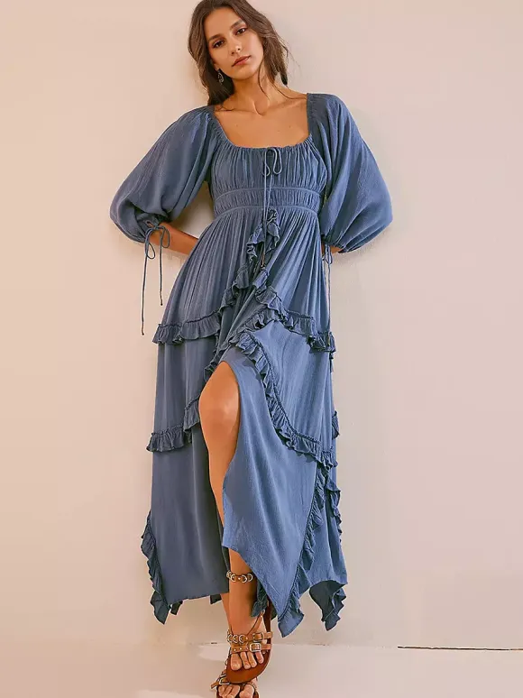 Square Neck Boho Maxi Dress for Women - Three Quarter Sleeve Tiered Ruffle Hem Smocked Flowy Long Dress - Summer Beach 2026