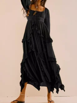 Square Neck Boho Maxi Dress for Women - Three Quarter Sleeve Tiered Ruffle Hem Smocked Flowy Long Dress - Summer Beach 2026