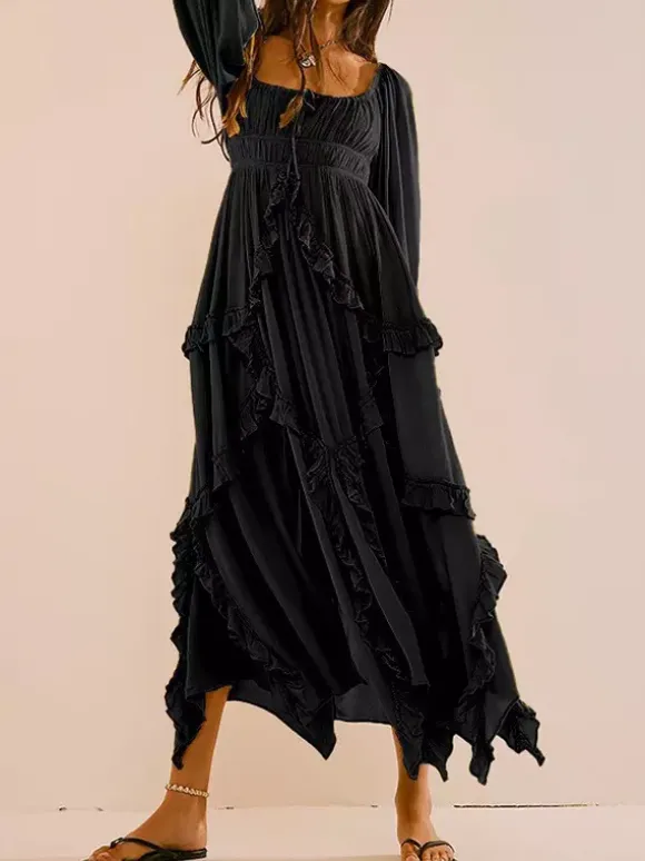 Square Neck Boho Maxi Dress for Women - Three Quarter Sleeve Tiered Ruffle Hem Smocked Flowy Long Dress - Summer Beach 2026