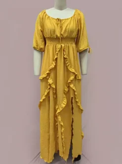 Square Neck Boho Maxi Dress for Women - Three Quarter Sleeve Tiered Ruffle Hem Smocked Flowy Long Dress - Summer Beach 2026