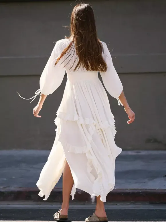 Square Neck Boho Maxi Dress for Women - Three Quarter Sleeve Tiered Ruffle Hem Smocked Flowy Long Dress - Summer Beach 2026