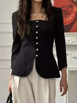 Square Neck Button-Up Blazer Jacket With Gold Buttons Slim Fit Black Top For Women 2026