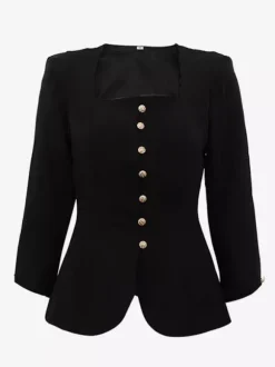 Square Neck Button-Up Blazer Jacket With Gold Buttons Slim Fit Black Top For Women 2026