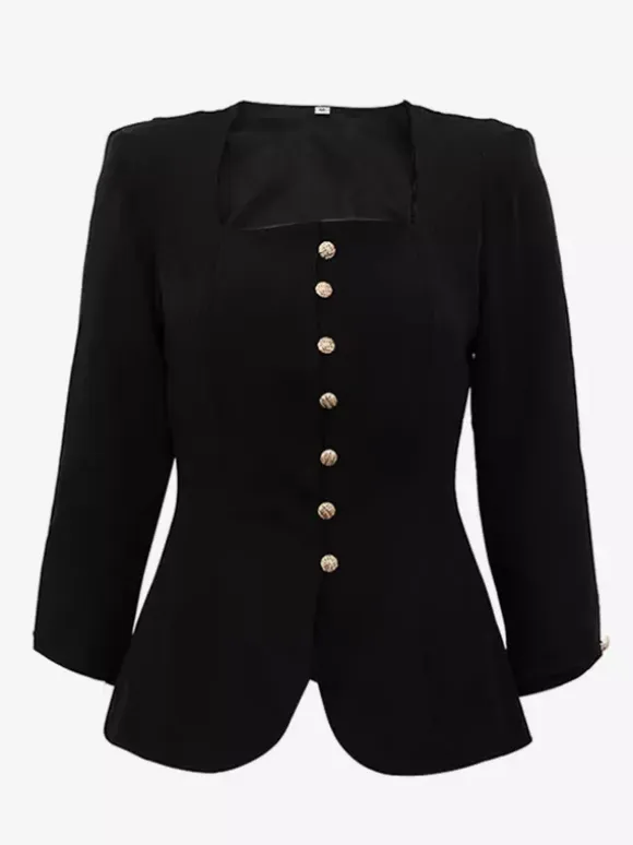 Square Neck Button-Up Blazer Jacket With Gold Buttons Slim Fit Black Top For Women 2026