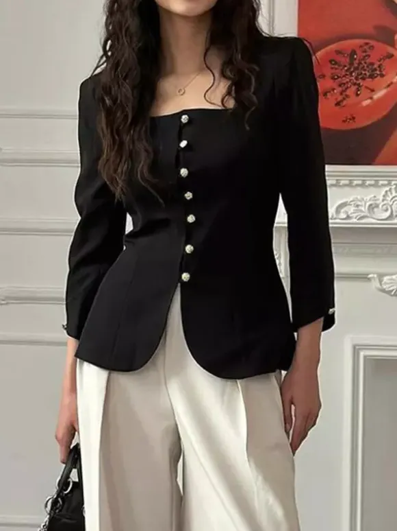 Square Neck Button-Up Blazer Jacket With Gold Buttons Slim Fit Black Top For Women 2026