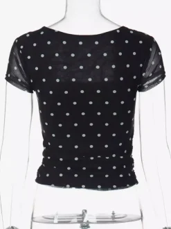 Square Neck Cap Sleeve Polka Dot Ruched Crop Top