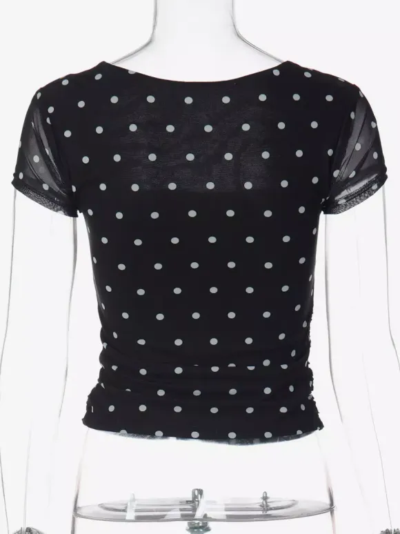 Square Neck Cap Sleeve Polka Dot Ruched Crop Top