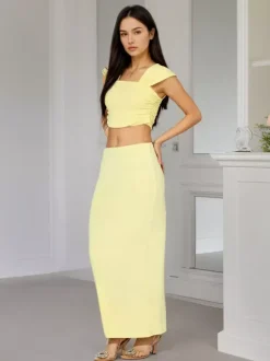 Square Neck Cap Sleeve Ruched Crop Top Mermaid Maxi Skirt 2 Piece Outfit Set