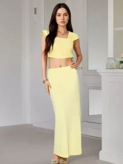 Square Neck Cap Sleeve Ruched Crop Top Mermaid Maxi Skirt 2 Piece Outfit Set