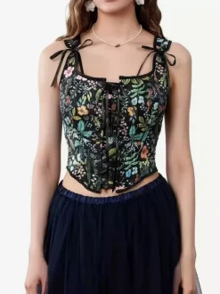 Square Neck Floral Print Tie Strap Corset Crop Camisole Front Lace Up