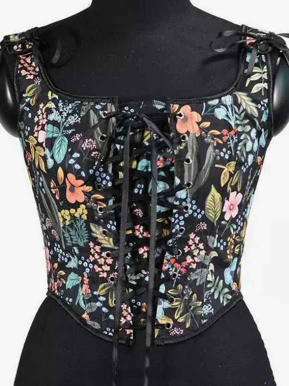 Square Neck Floral Print Tie Strap Corset Crop Camisole Front Lace Up