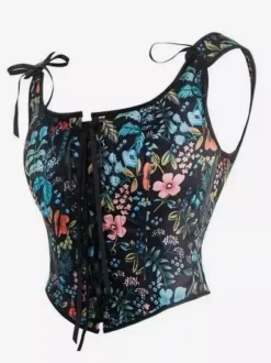 Square Neck Floral Print Tie Strap Corset Crop Camisole Front Lace Up
