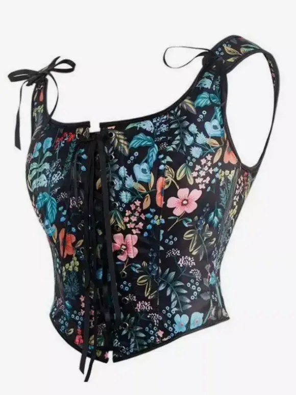 Square Neck Floral Print Tie Strap Corset Crop Camisole Front Lace Up