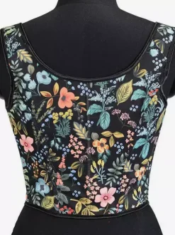 Square Neck Floral Print Tie Strap Corset Crop Camisole Front Lace Up