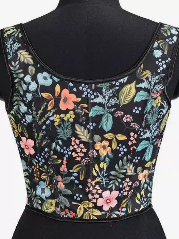 Square Neck Floral Print Tie Strap Corset Crop Camisole Front Lace Up