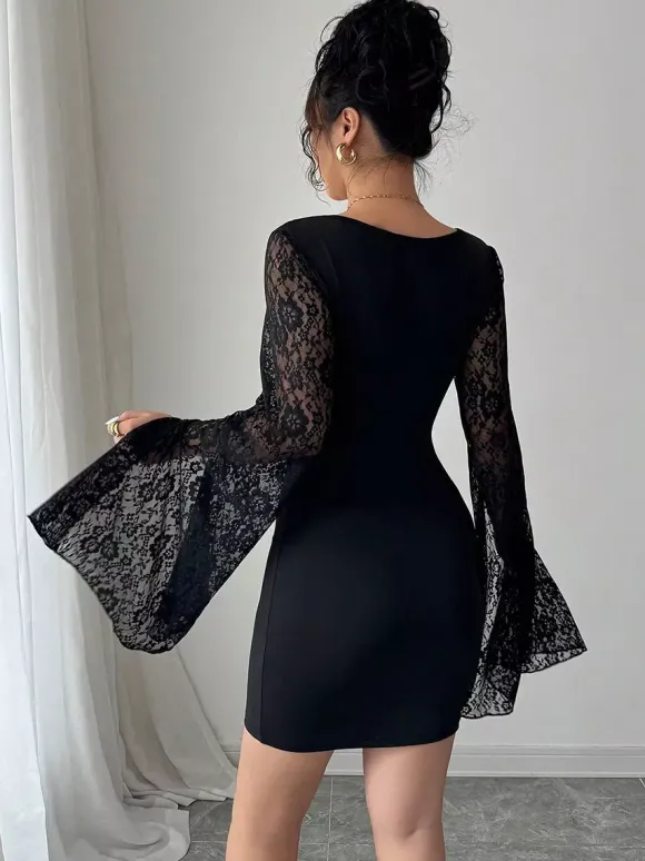 Square Neck Lace Flare Long Sleeve Bodycon Mini Dress For Women 2026