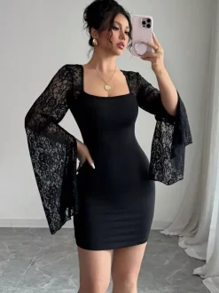 Square Neck Lace Flare Long Sleeve Bodycon Mini Dress For Women 2026