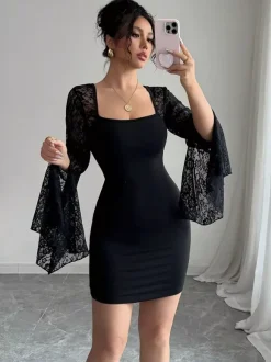 Square Neck Lace Flare Long Sleeve Bodycon Mini Dress For Women 2026