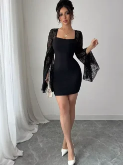 Square Neck Lace Flare Long Sleeve Bodycon Mini Dress For Women 2026