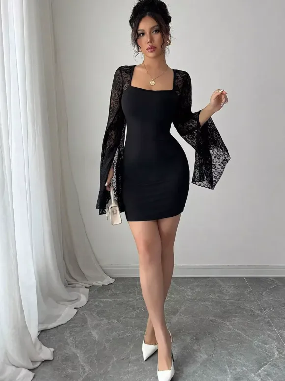 Square Neck Lace Flare Long Sleeve Bodycon Mini Dress For Women 2026