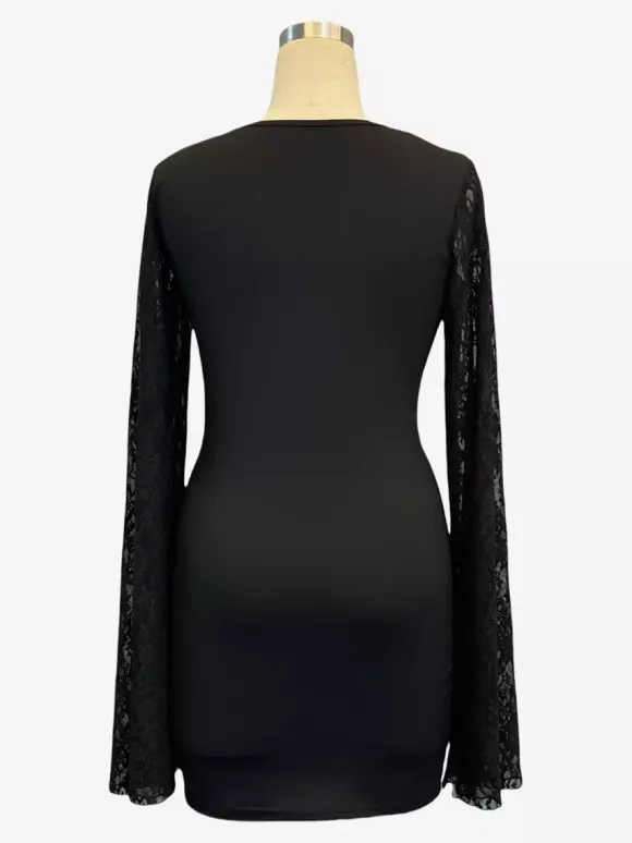 Square Neck Lace Flare Long Sleeve Bodycon Mini Dress For Women 2026