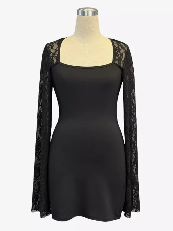 Square Neck Lace Flare Long Sleeve Bodycon Mini Dress For Women 2026