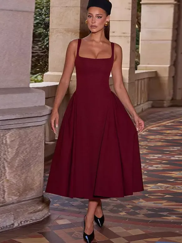 Square Neck Midi Dress For Women - Retro A-Line Pleated Dress - Spring Cocktail Party 2026